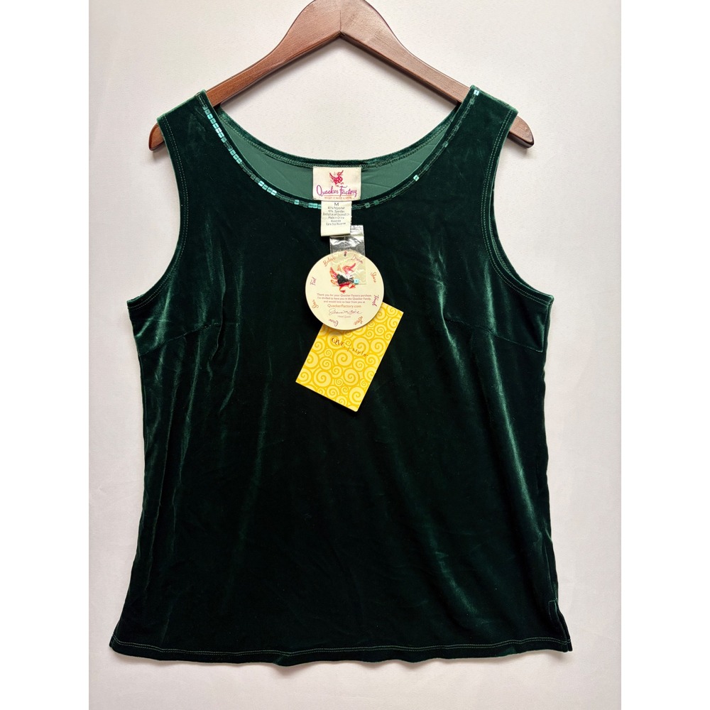 Quacker Factory Green Velvet Sequin Trim Tank Top Sleeveless Holiday Medium NWT